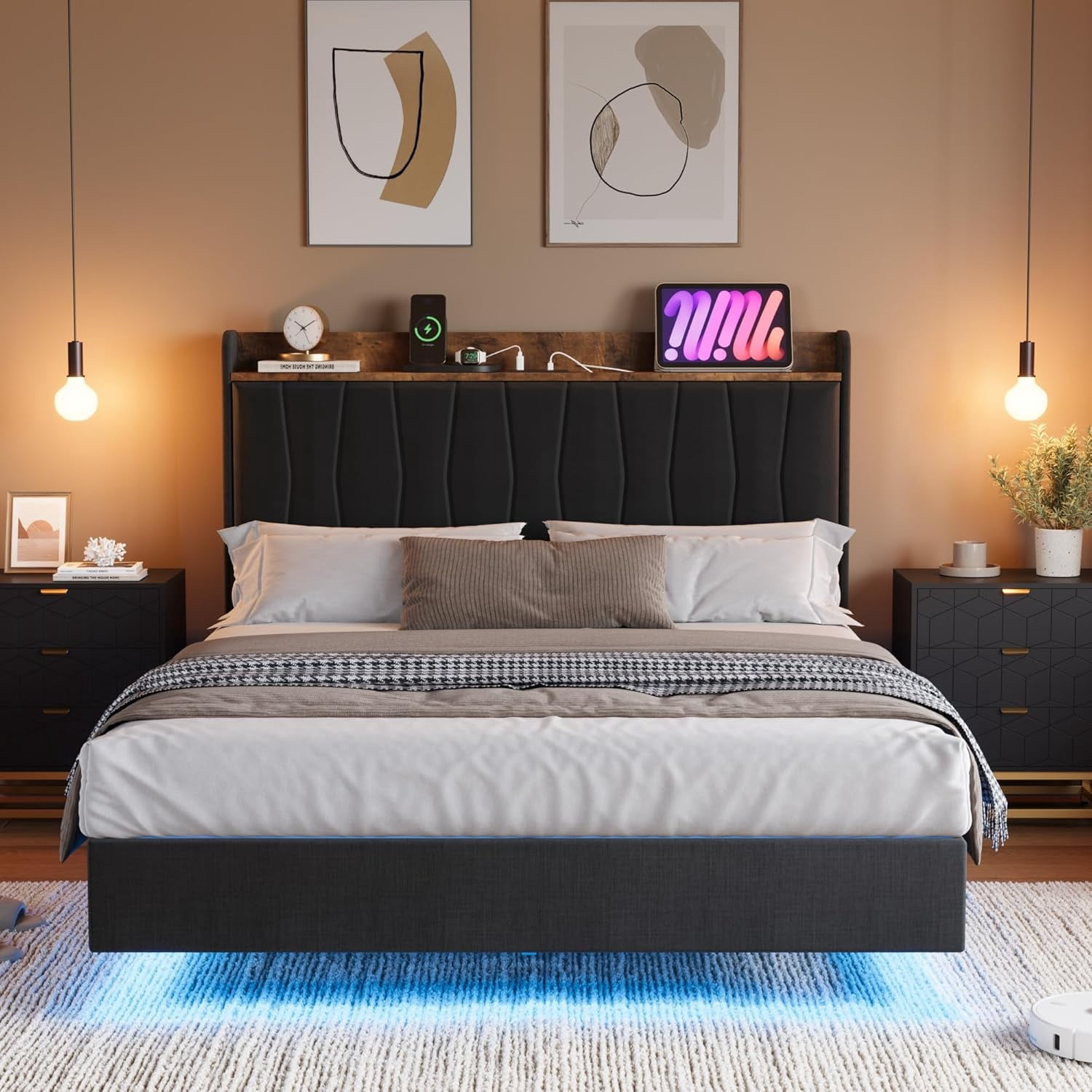 Yiwa King Size Bed Frame, Floating Platform Bed with Headboard, LED Lights, Charging Ports, Black Modern Upholstered Bedframe with Sturdy Wood Slats, No Box Spring Needed, Easy Assembly