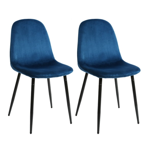 Set of 2 Modern Velvet Dining Chairs, Armless Upholstered Accent Chairs with Black Metal Legs, Dark Blue
