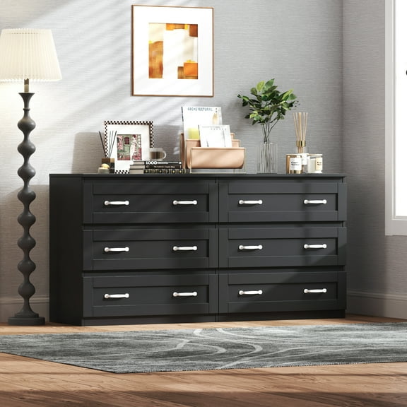 6 Drawer Dresser Cabinet with Metal Handle, Modern Wood Double Chest,Storage Organizer for Bedroom, Living Room,Black