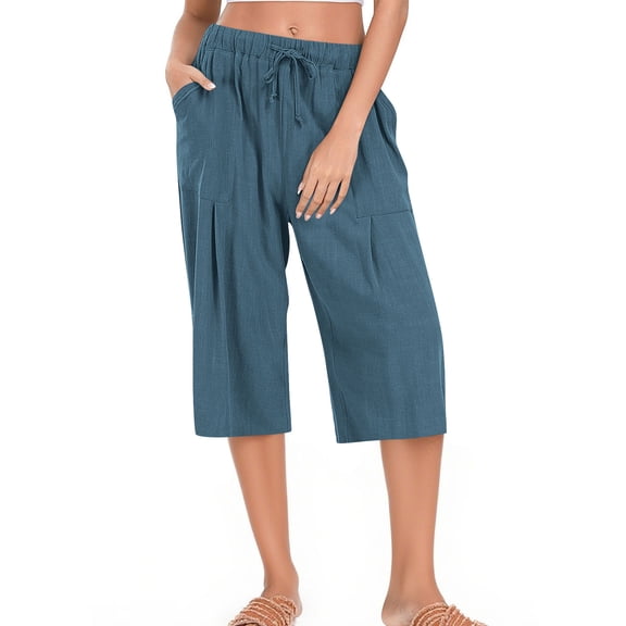 Womens Bermuda Shorts Cotton Linen Knee Length Elastic Waist Drawstring Capris Casual Summer Beach Shorts 2026,Blue,S