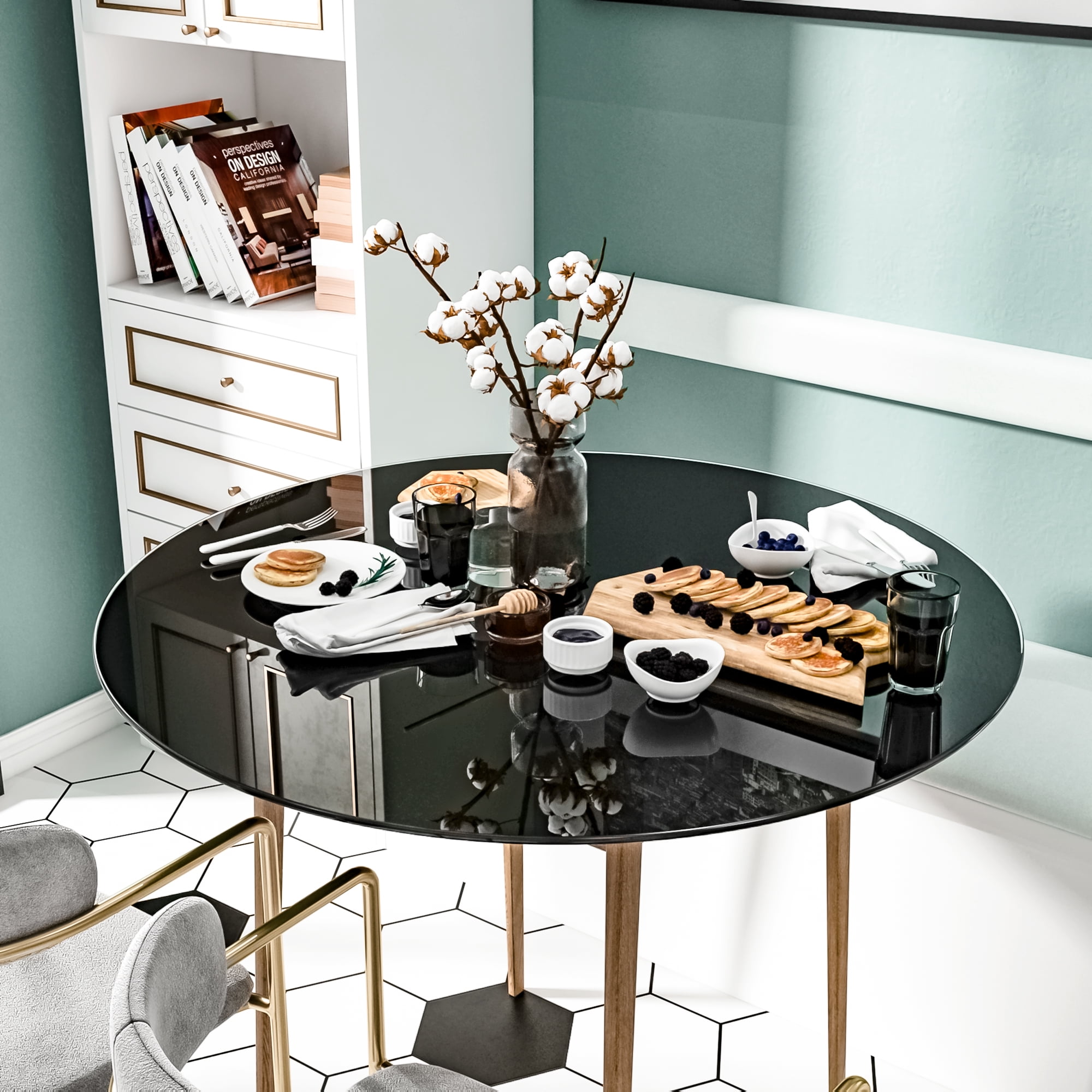 MAYEERTY 36" Round Tempered Glass Table Top, Beveled Polished Edge for Dining & Office, 1/4" Thick, Black