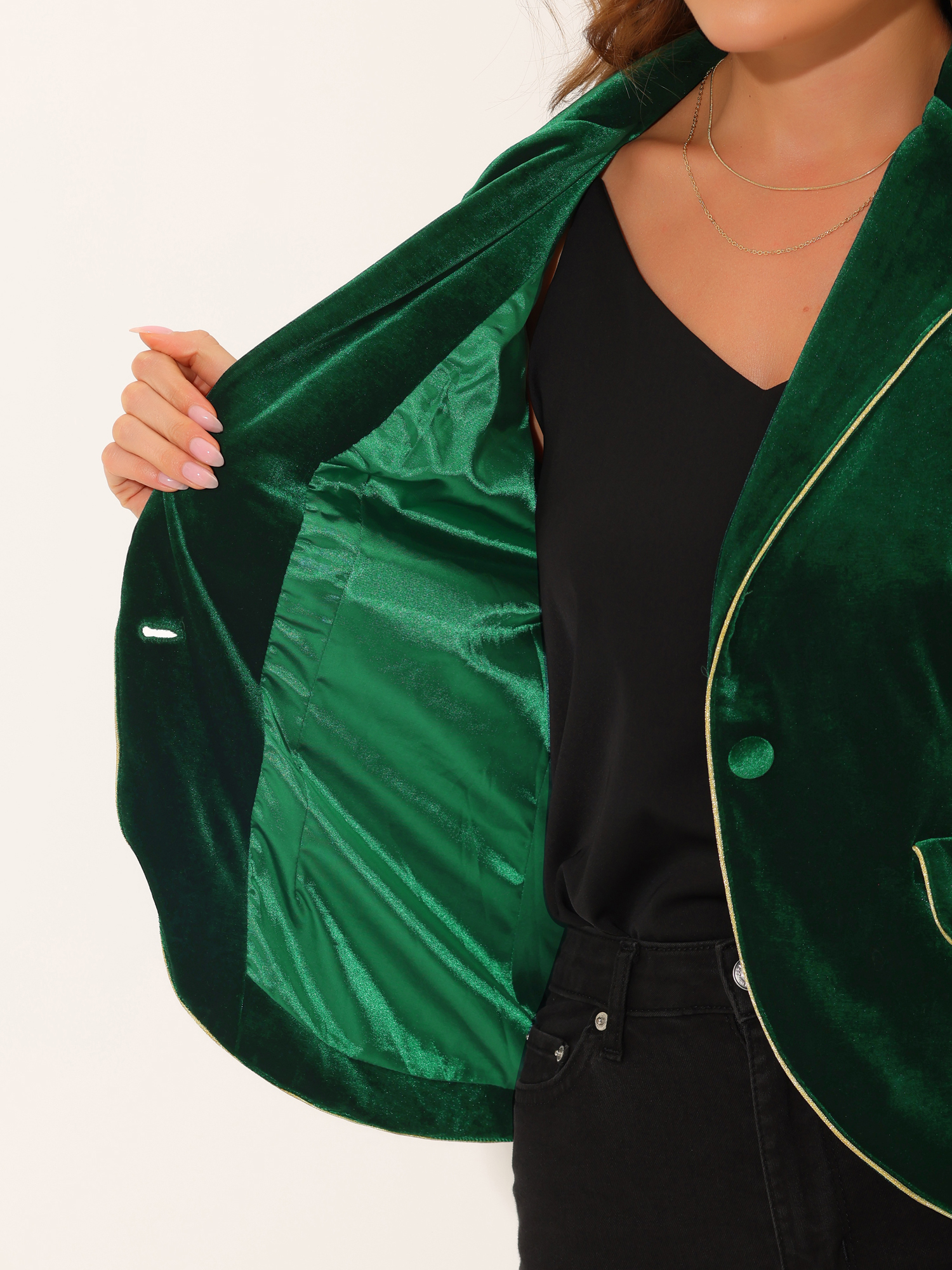 Unique Bargains Women's One Button Notched Lapel Long Sleeves Velvet Blazer S Dark Green