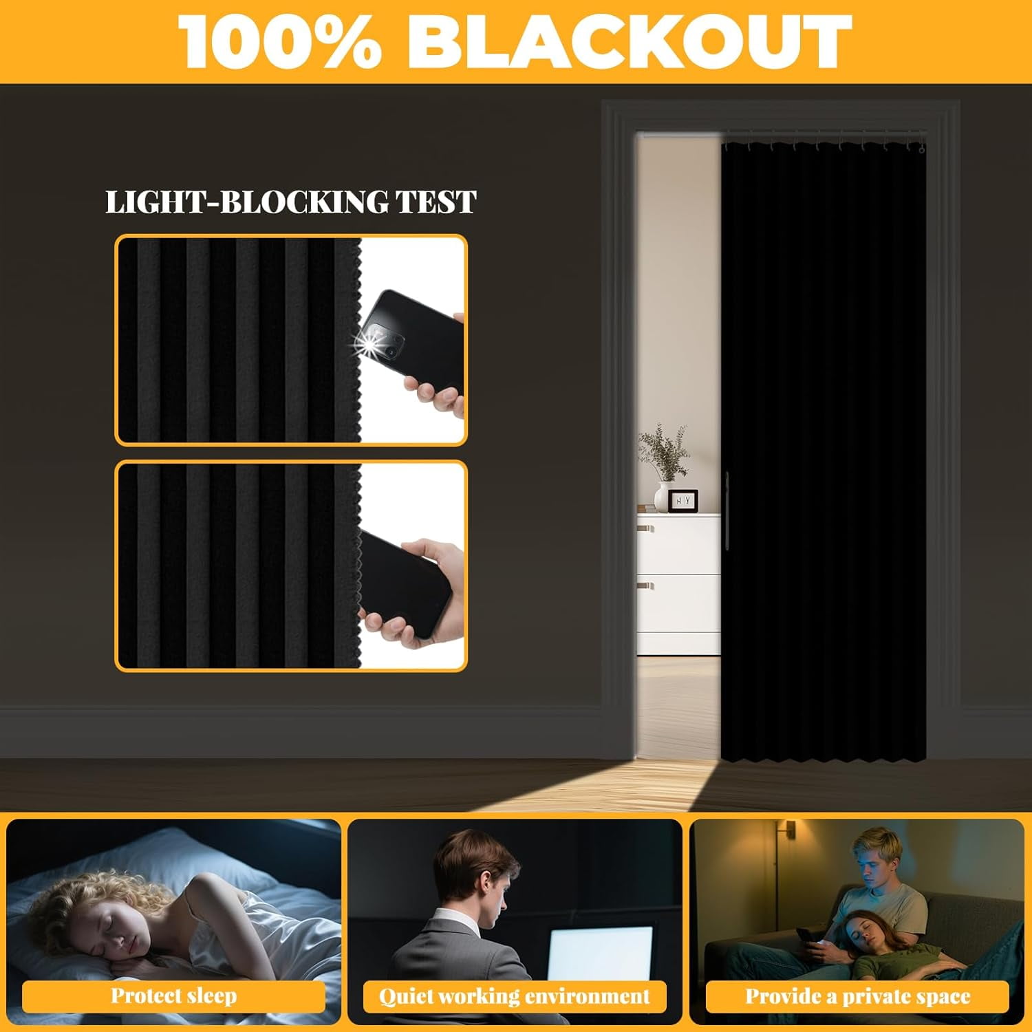 100% Blackout Magnetic Door Curtain Accordion Doors Interior Closet Door Curtain Invisible Applicable Bedroom Room Living Room Doorway (Black 42" W x 78" L) 1 Panel