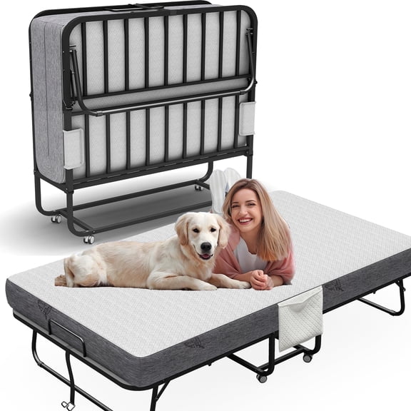 Twin XL Size Folding Bed with Mattress 75"X46" for Adults 5" Memory Foam Large Rollaway Portable Foldable Guest Student Extra Bed with Sturdy Metal Slats Frame on Wheels Fold Up Space-saving