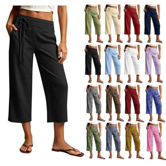 Women's Cotton Blend Drawstring Wide Leg Capri Pants with Side Pockets,Black,Women's Capri L