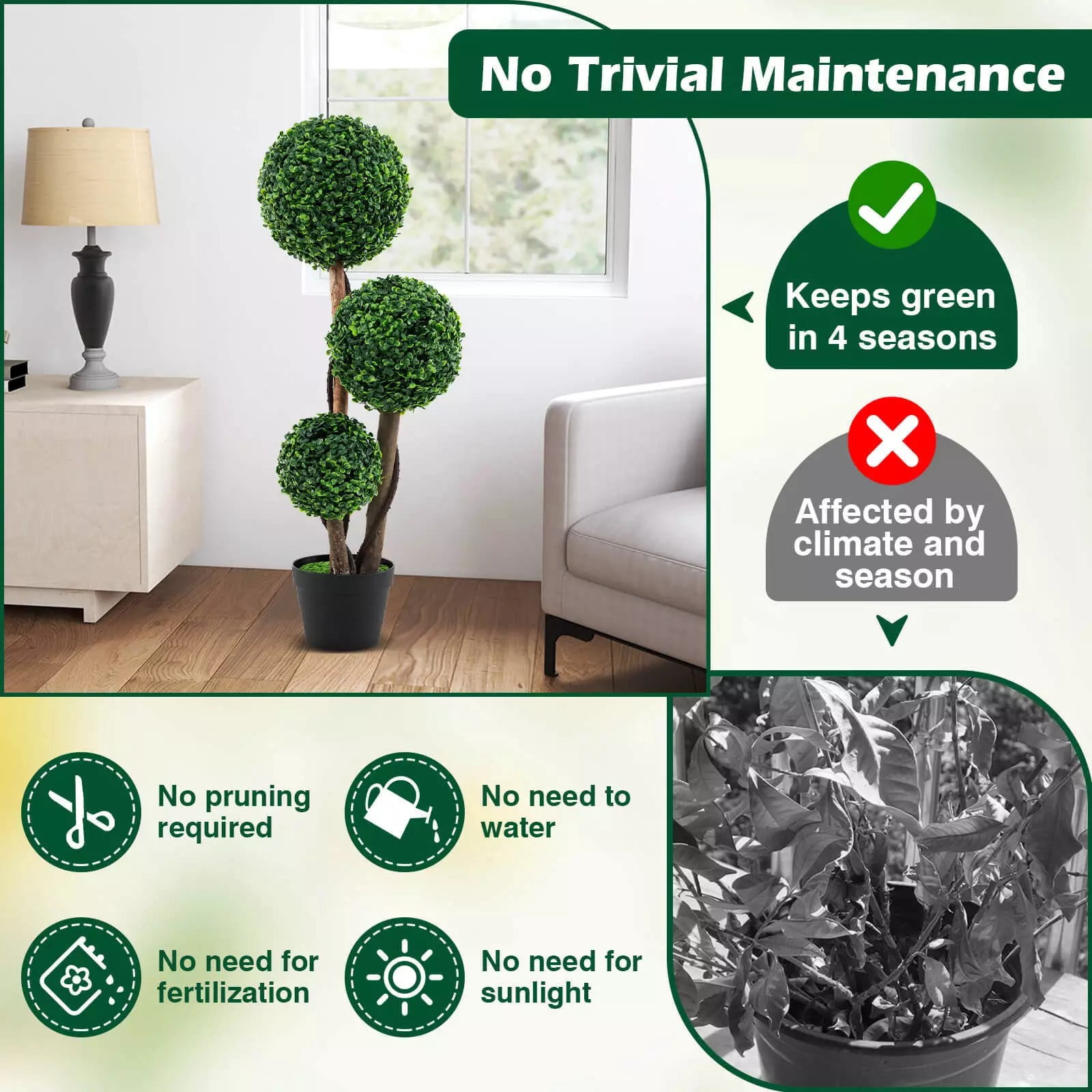 Harmijoy Artificial Boxwood Topiary Tree, 36" Faux Potted Plant w/3 Topiary Balls, Solid Wood Trunks, Mimic Rattans & Moss, Premium PE Leaves