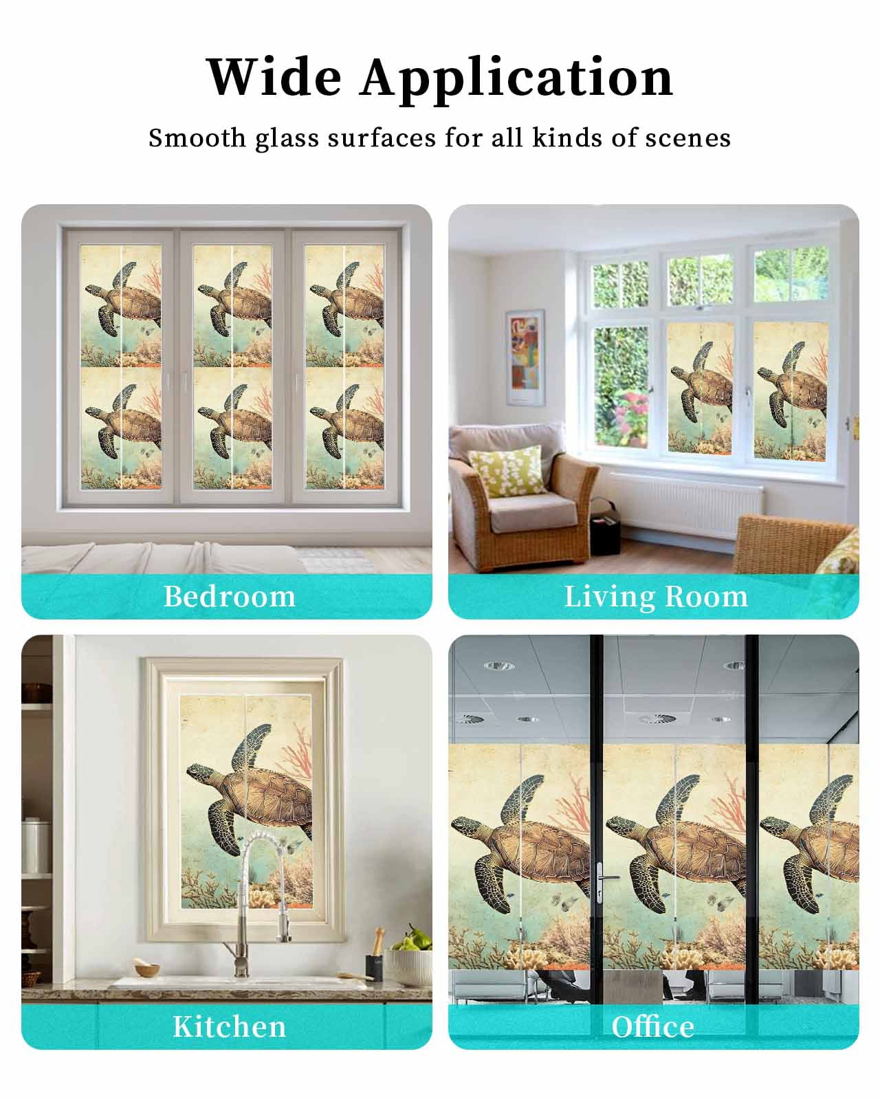 Window Privacy Film Retro Turtle Stained Glass Window Film Decorative Sun Block Window Cover Ocean Coral Reef Coastal Underwater Sea Window Clings Static Adhesive Sticker for Bathroom 23.6"x59"