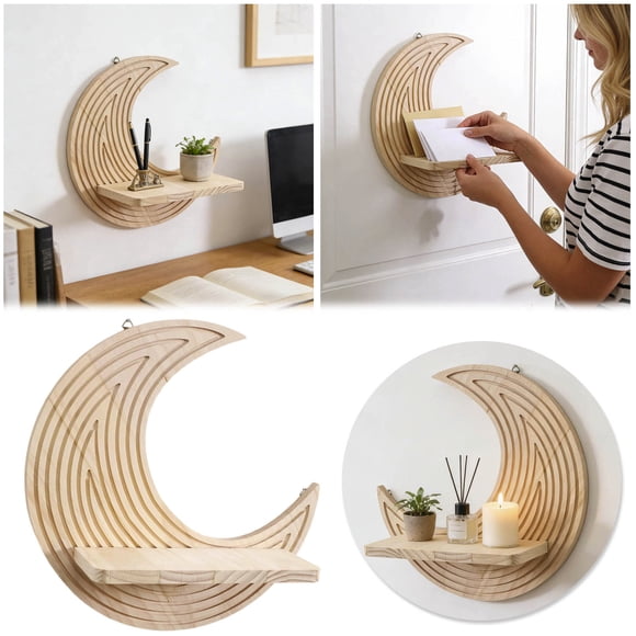 Moon Star Bohemian Style Wooden Floating Shelf Decorative Shelf Floating Book Shelves Wall Mounted Crystal Wall Shelves For Nursery Room Living Room Bedroom Kitchen