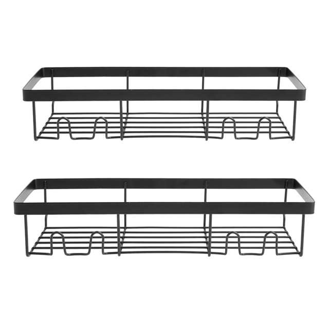 Matte black adhesive wall mount shampoo caddy set of two, rectangular metal wire baskets for organizing bathroom products.