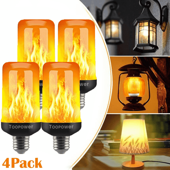 Toopower LED Flame Effect Light Bulbs, Flickering Fire Lighting, E26 Base, 4 Modes, 4 Pack, Halloween & Christmas Decor