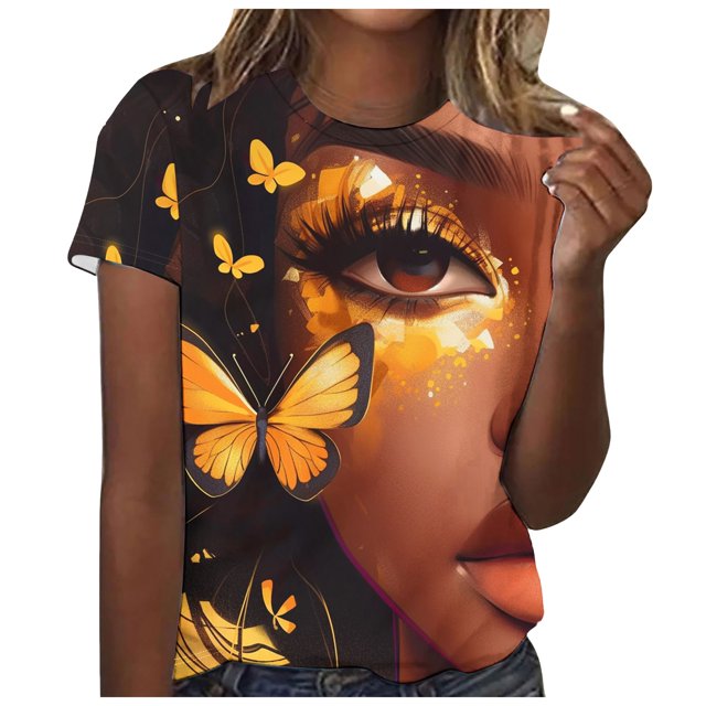 TSADFHJI Hauts d'Été Boho pour Femmes Mode Décontractée Imprimé Col Rond Manches Courtes T-Shirt Haut TTG Noir