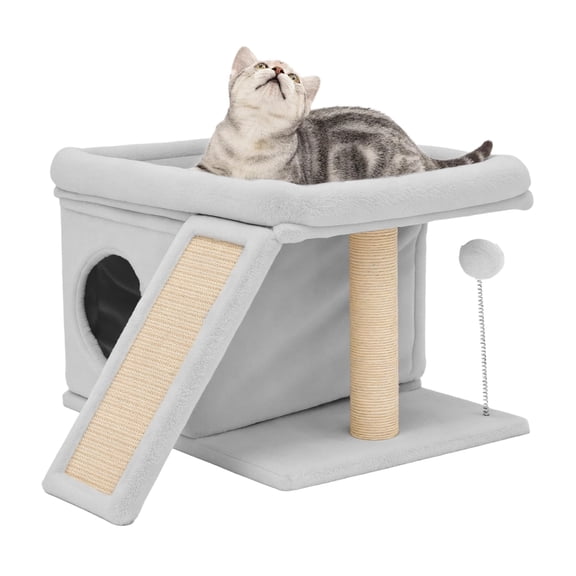Cat Tree Tower with Perch Bed and Washable Top, Cat Tree with Sisal Scratching Posts, Condos, Plush Perches, Hanging Cat Toys, Extended Platform for Cats to Play and Sleep, Gray