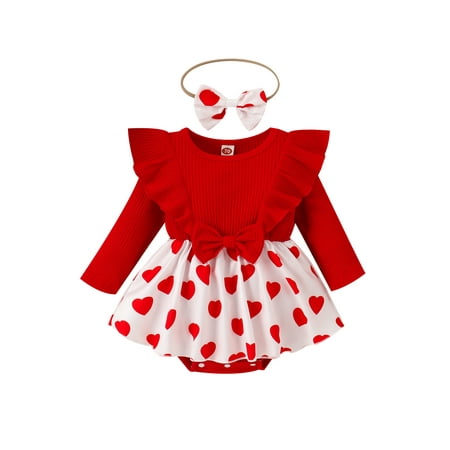 

Gzhioc Infant Baby Girl Valentine s Day Jumpsuit Heart Print Long Sleeves Round Neck Ruffle A-Line Romper + Headband 0-24 Months