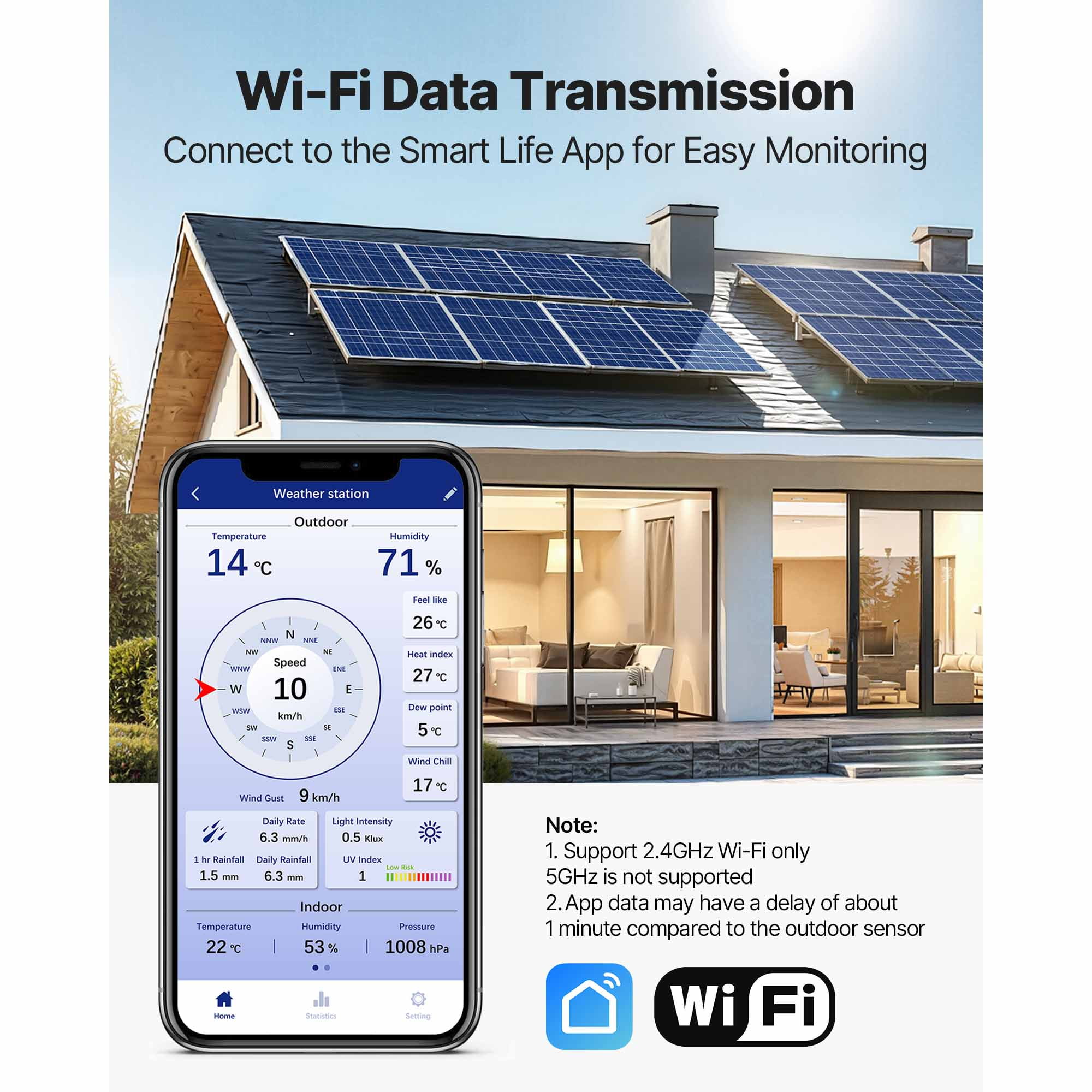 KFFKFF 7-in-1 Wi-Fi Weather Station with 7-Inch TFT Screen, Solar-Powered Wireless Outdoor Sensor, Rain Gauge, and Indoor-Outdoor Monitoring for Weather Updates, Wind, Temperature, Humidity