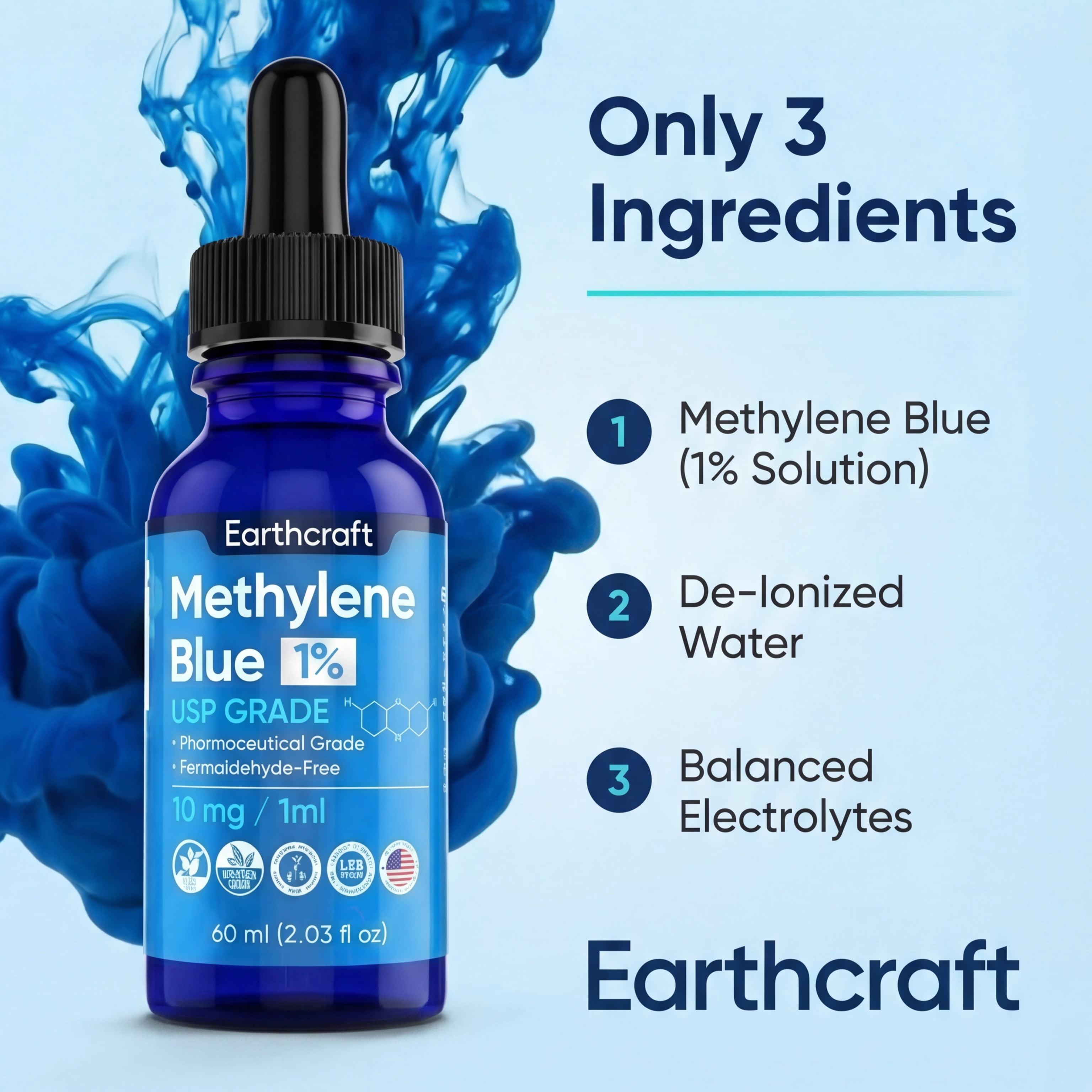 Methylene Blue Drops 1% USP Pharmaceutical Grade – High Purity Methylene Blue in Liquid Glass Dropper Bottle – Lab-Tested Solution for Research Use Only – 60 ml