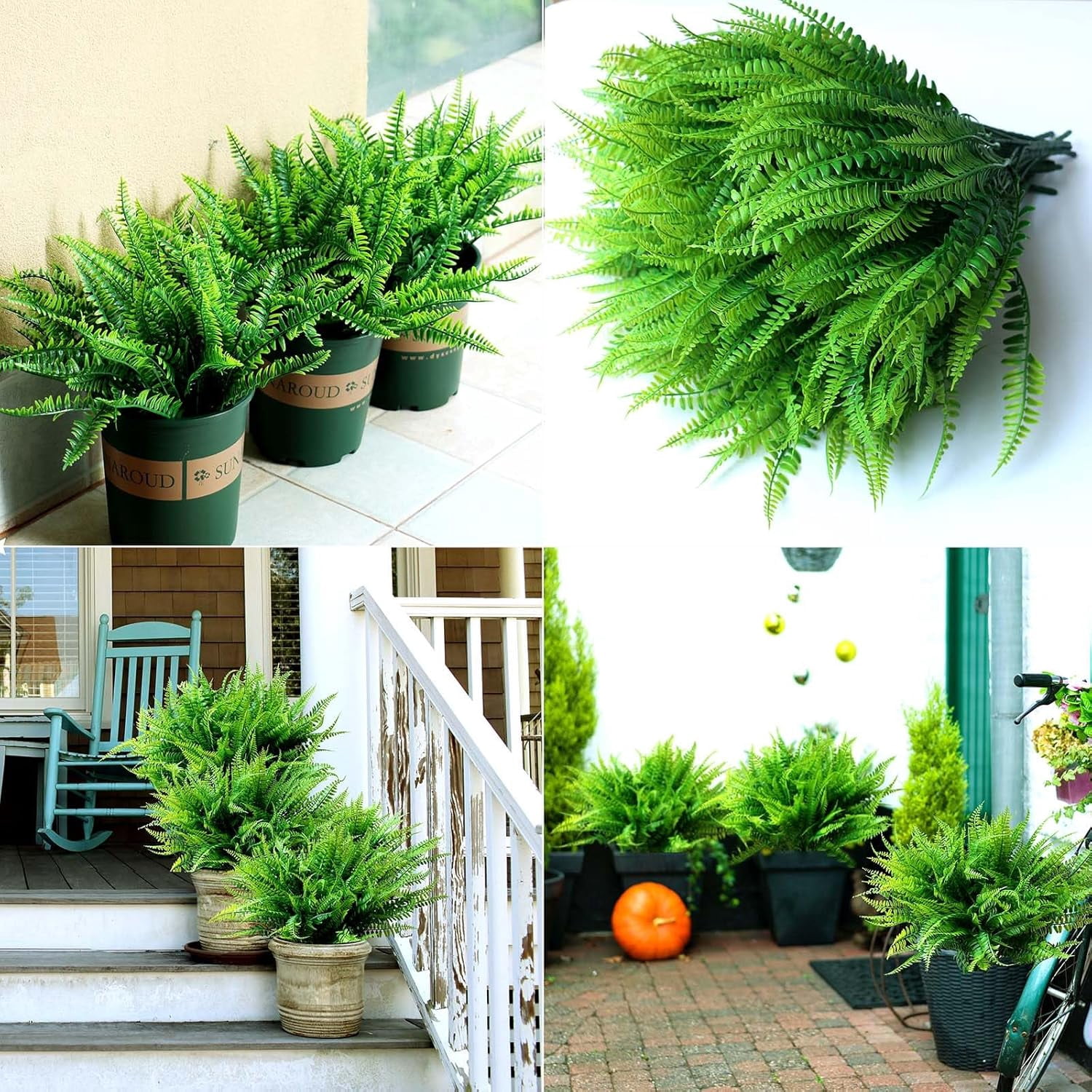 18Pcs Artificial Plants Outdoors UV Resistant Fake Boston Fern Bushes Plastic Faux Plants Shrubs Greenery Plants for Indoor Outside Porch Planter Patio Window Box Garden Decor