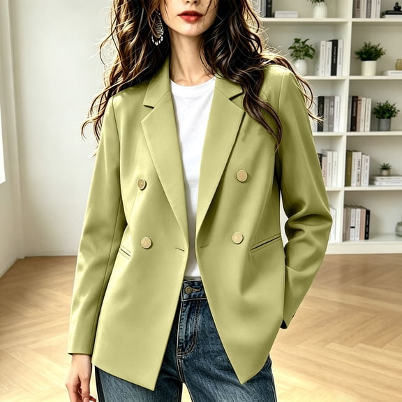 Drovellove Plus Size Women's Double Breasted Blazer with Notch Lapel | Loose Fit Long Sleeve Commuter Suit Jacket with Welt Pockets, Drop Shoulder