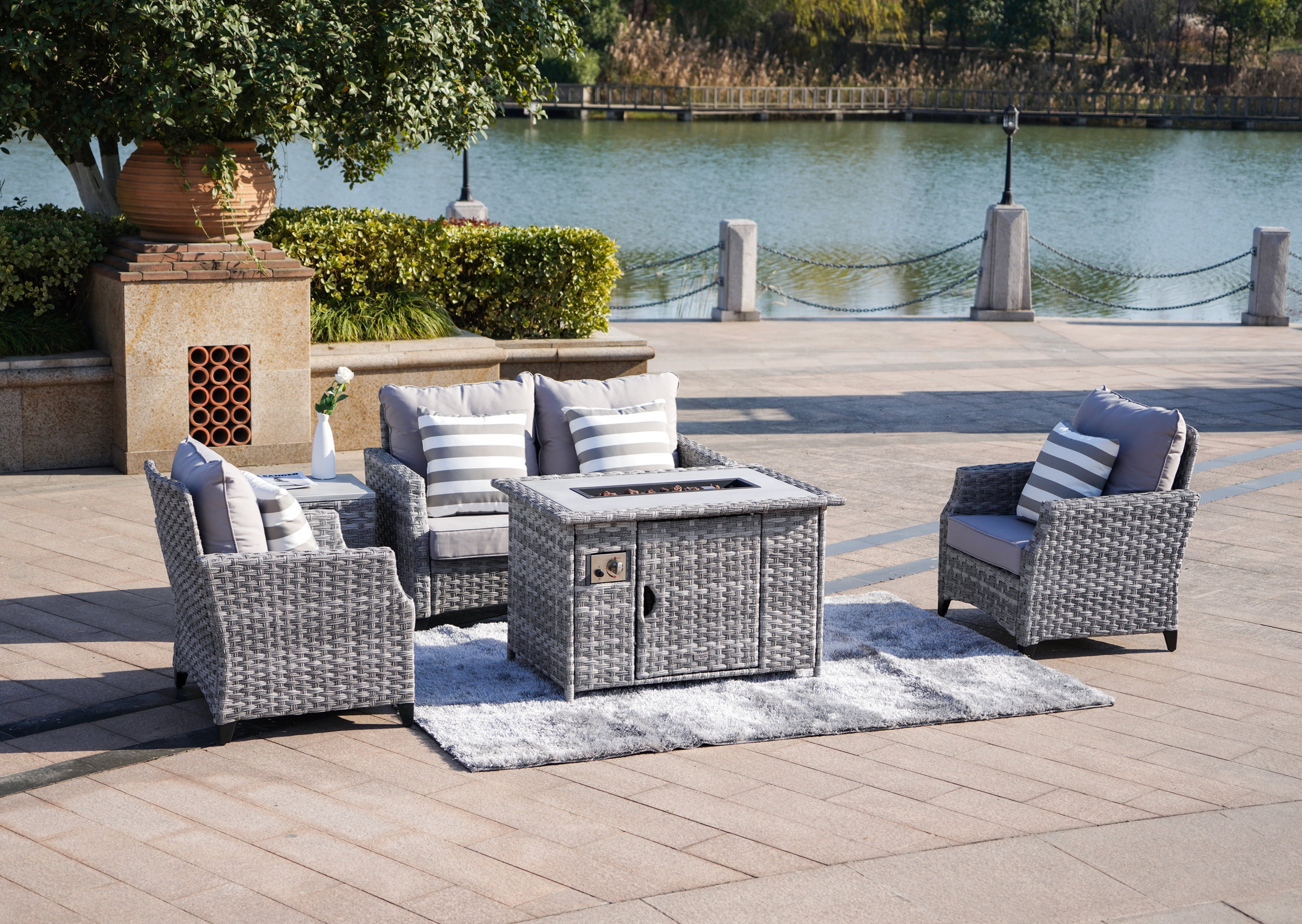 Abrihome Patio Wicker Classic Gas Fire Pit Sets for Garden in the Outdoor