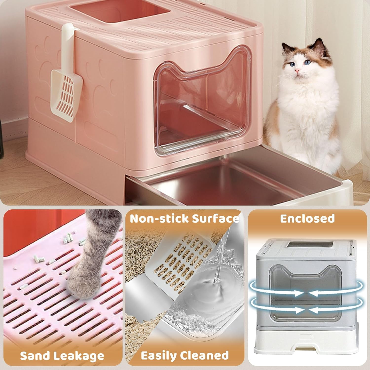 Enclosed Cat Litter Box with Lid Top Exit Covered Metal Stainless Steel Litter Box Leak Proof & Odorless Easy to Clean Including Cat Litter Scoop and Cat Litter Mat