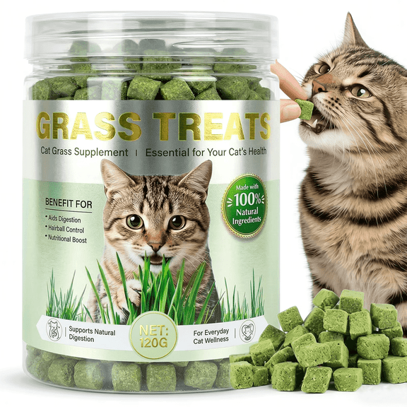 Natural Cat Grass Treats for Indoor Cats, 120g Freeze Dried Cat Grass Cubes for Hairball Control and Digestion Support, Essential Cat Grass Supplement for Dental Health and Daily Wellness