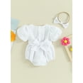 thumbnail image 4 of Bslissey Baby Girls Short Puff Sleeve Romper Solid Color Mesh Plaid Square Neck Bodysuit with Bow Headband Newborn Infant Cute Clothes for Casual Daily 3M 6M 12M 18M, 4 of 9