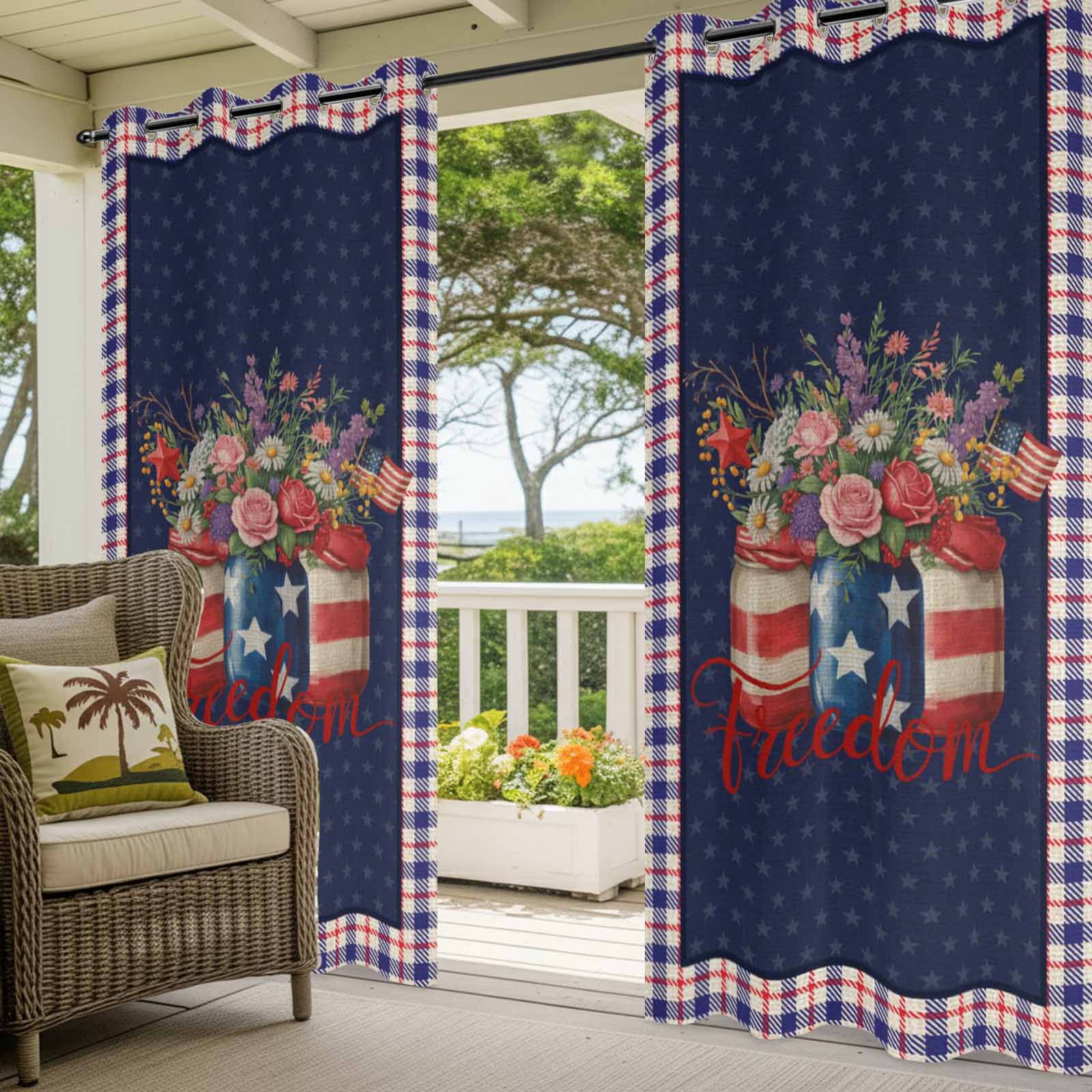 Independence Day Flower Outdoor Curtains for Patio, U.S. Flag Freedom Floral Red Blue Plaid Sunshade Privacy Drapes Grommet Waterproof Outside Curtains for Porch/Cabana/Balcony 54"x 108", 1 Panel
