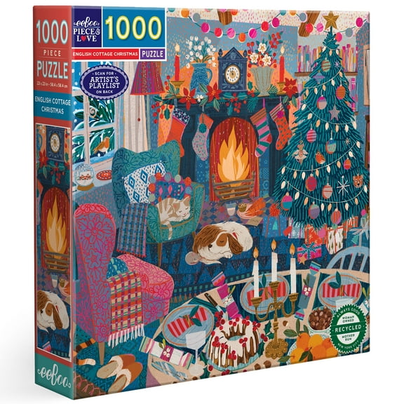 eeBoo Piece & Love: English Cottage Christmas - 1000 Piece Puzzle - Adult Square Jigsaw, 23x23", Includes Image Reference Insert, High-Quality Pieces