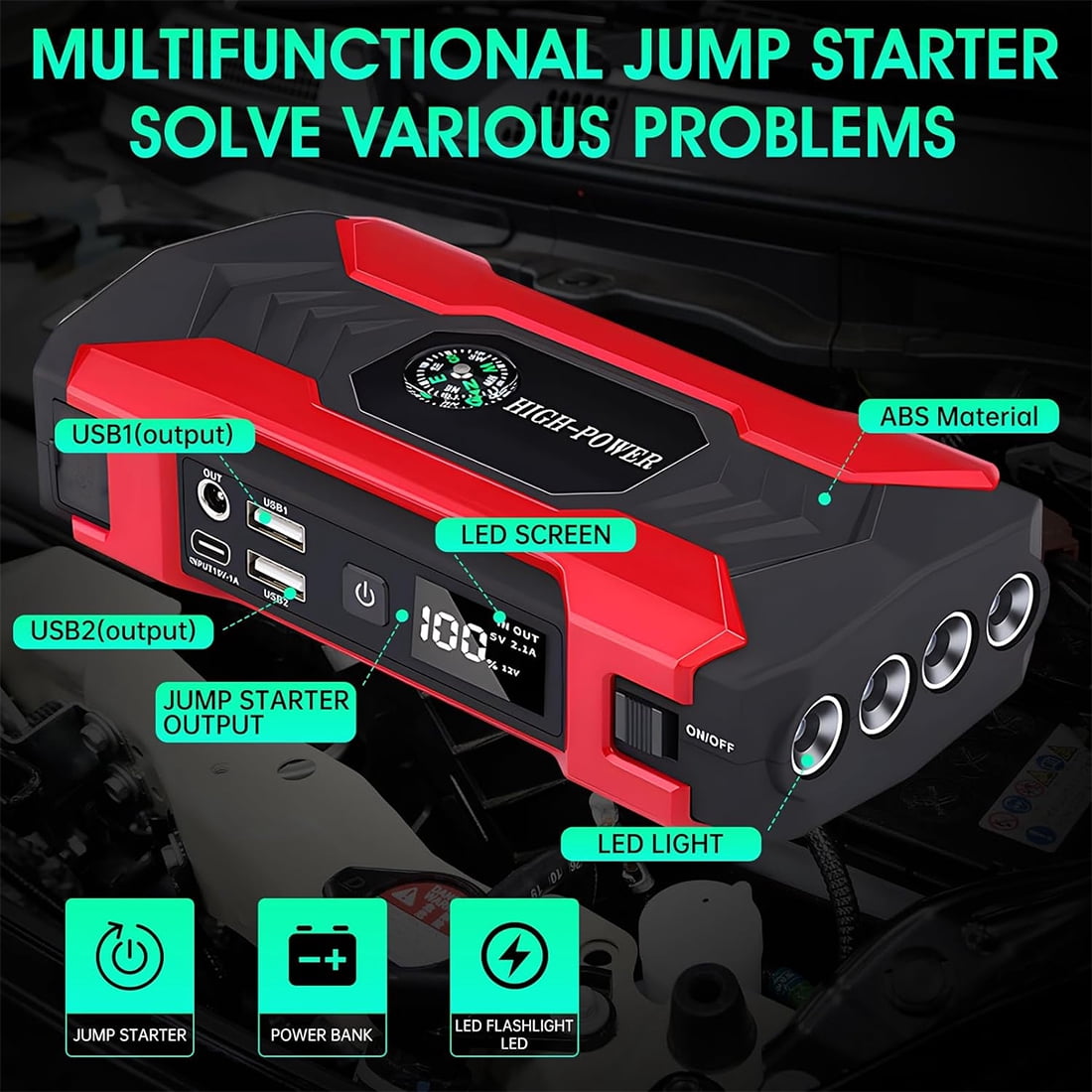Car Jump Starter Multi-functional CarJump Box 28000mAh Portable Battery Charger Power Bank for Cell Phone, 4 USB Ports, LED Flashlight