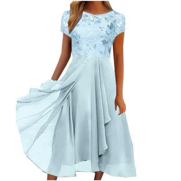QIPOPIQ Women's 2024 Prom Dress Formal Wedding Guest Dress Short Sleeve Crew Neck Lace Cocktail Party Dresses Summer Clearance