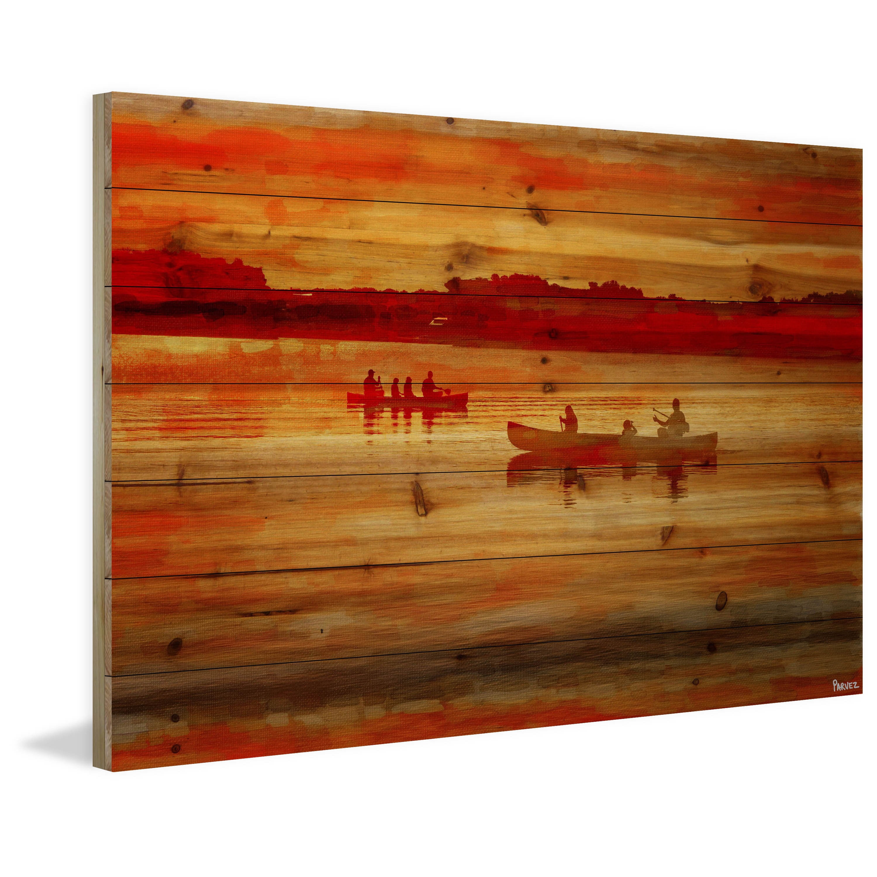 Parvez Taj  - Sunset Paddle Painting Print on Natural Pine Wood - Multi-Color 36 x 24