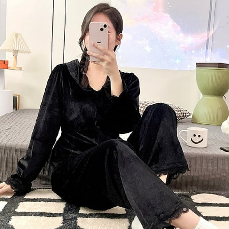 

PIKADINGNIS 2 Piece Women Sleepwear Warm Autumn Winter Long Sleeve Gold Velvet Pajamas for Woman Fashion Sleepwear Luxurious Lace Pajama Set