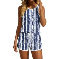 Fmbrln Womens Summer 2 Piece Sets Casual Fashion Print Crew Neck Sleeveless Tank Tops and Drawstring Elastic Waist Shorts Sets Lounge Sets Multicolor L