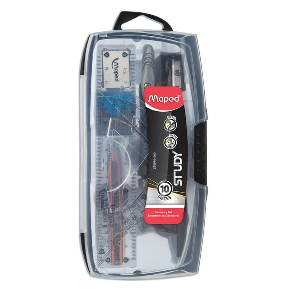 Maped Set de geometrie Study - set de 10 pieces - 2 Compas metal, regle, rapporteur, 2 equerres, aiguisoir metal, mini crayons HB, boite de 10 mines. Maped Set de geometrie Study - set de 10 pieces
