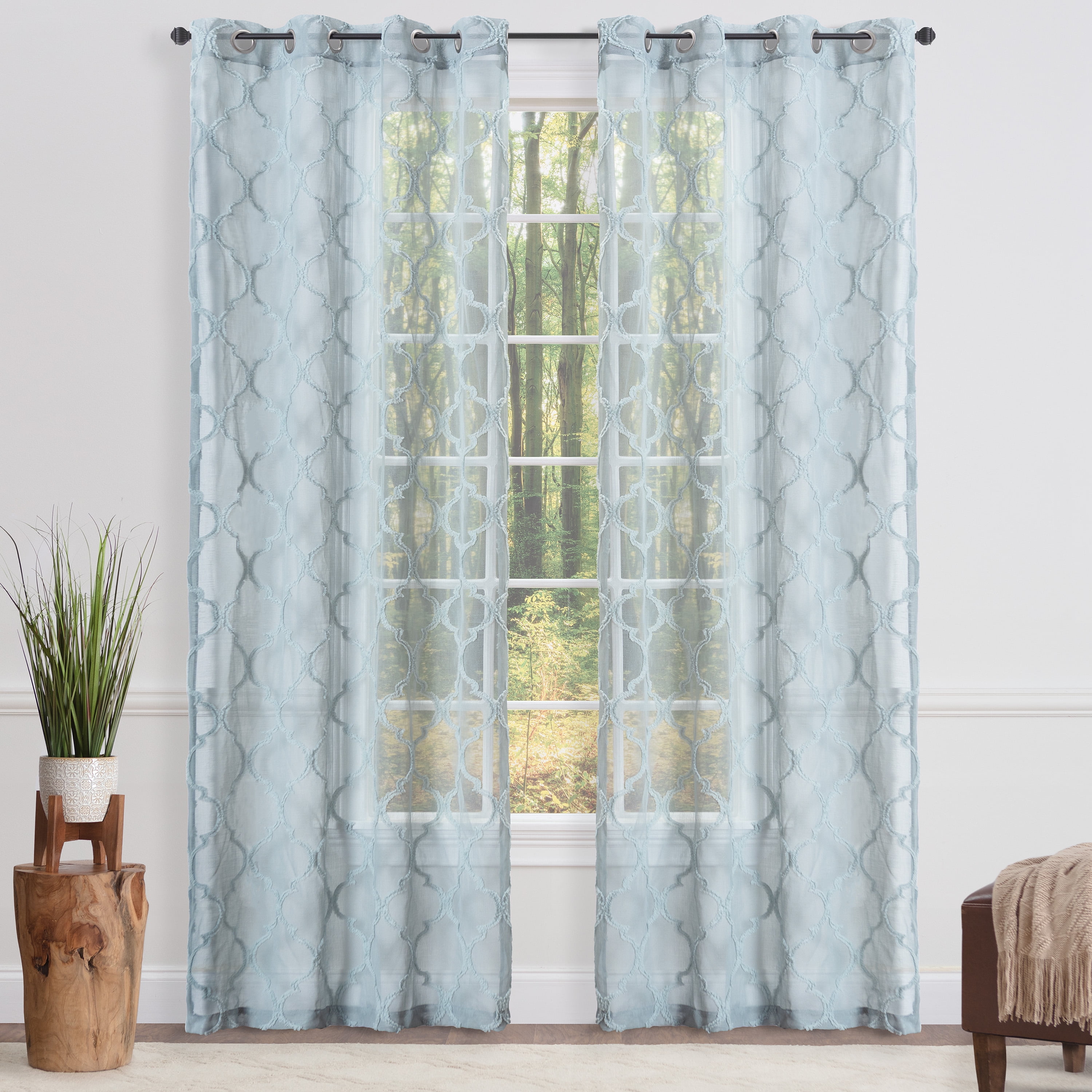 Tan Turquoise Moroccan Textured Sheer Grommet Window Curtain Panels, 52 x 63 in