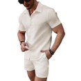 thumbnail image 2 of ZenCart 2Pcs/Set Men Outfit Lapel Short Sleeve Shirt Tops Elastic Drawstring Waist Pockets Shorts Set Solid Color Beach Outfit, 2 of 8