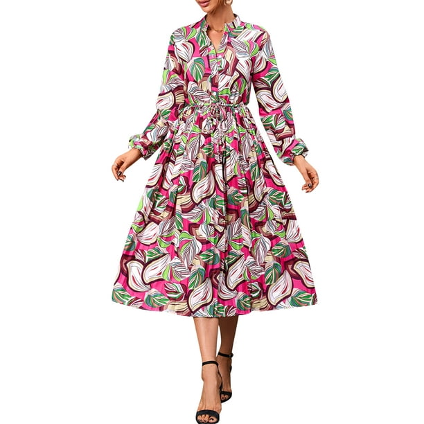 Vestido, Vestido de manga larga para mujer Vestido plisado con cinturón elástico en la cintura para Abody Rosa/Pequeña