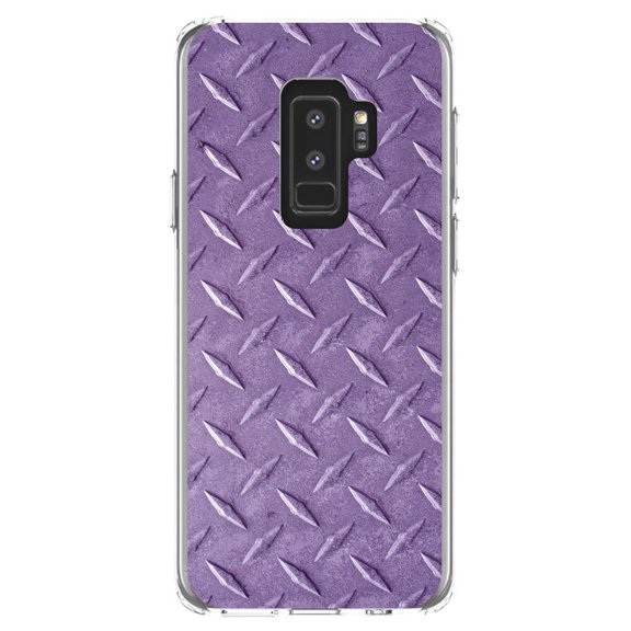 DistinctInk Clear Shockproof Hybrid Case for Samsung Galaxy S9  PLUS (6.2" Screen) - TPU Bumper, Acrylic Back, Tempered Glass Screen Protector - Purple Diamond Plate Steel Image - Printed Diamond