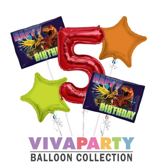 Jurassic World Round Balloon Bouquet 5 pc, 5th Birthday, Red Number 5 Jumbo Balloon | Viva Party Balloon Collection