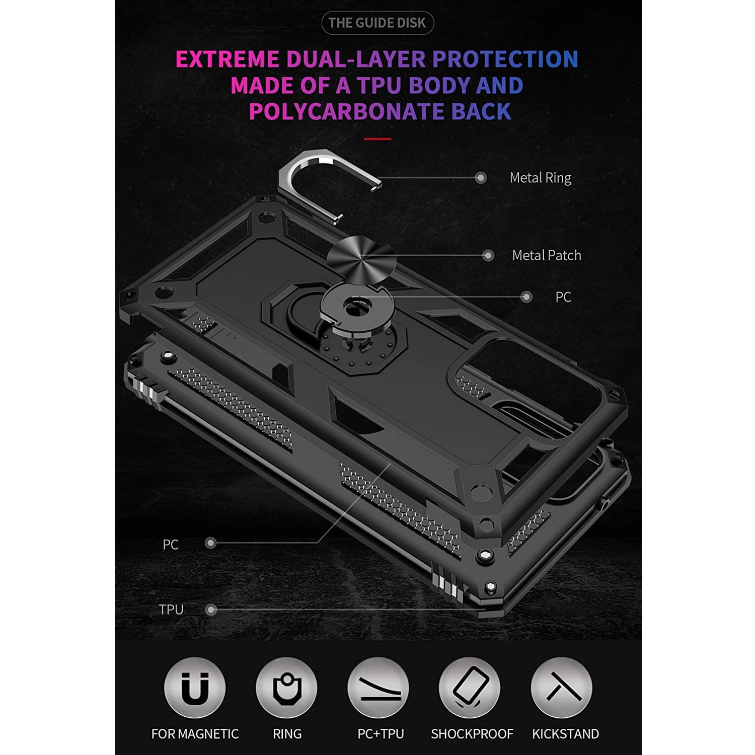 TJS Phone Case for Samsung Galaxy A03S, with [Tempered Glass Screen Protector] Impact Resistant Metal Ring Magnetic Support Kickstand Drop Protector Cover (Black)