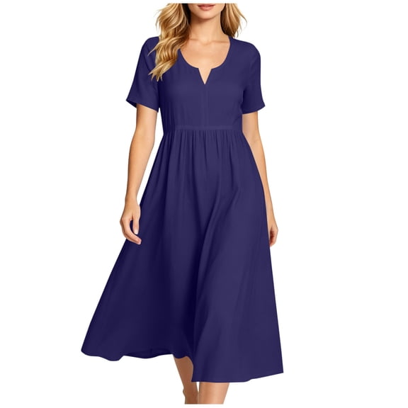 Summer Womens Dress Fashion Casual Solid Color V-Neck Short Sleeve Loose Knee-Length Midi Dress