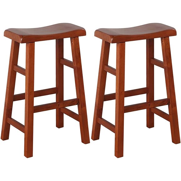 eHemco Heavy-Duty Solid Wood Saddle Seat Kitchen counter Barstools, 29 Inches, Dark Oak, Set of 2