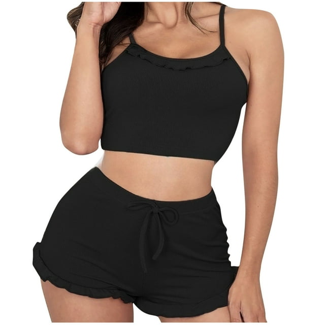 Timegard Lounge Sets for Women Cropped Round Neck Camis Ruffle Shorts Casual Comfy Summer Outfits