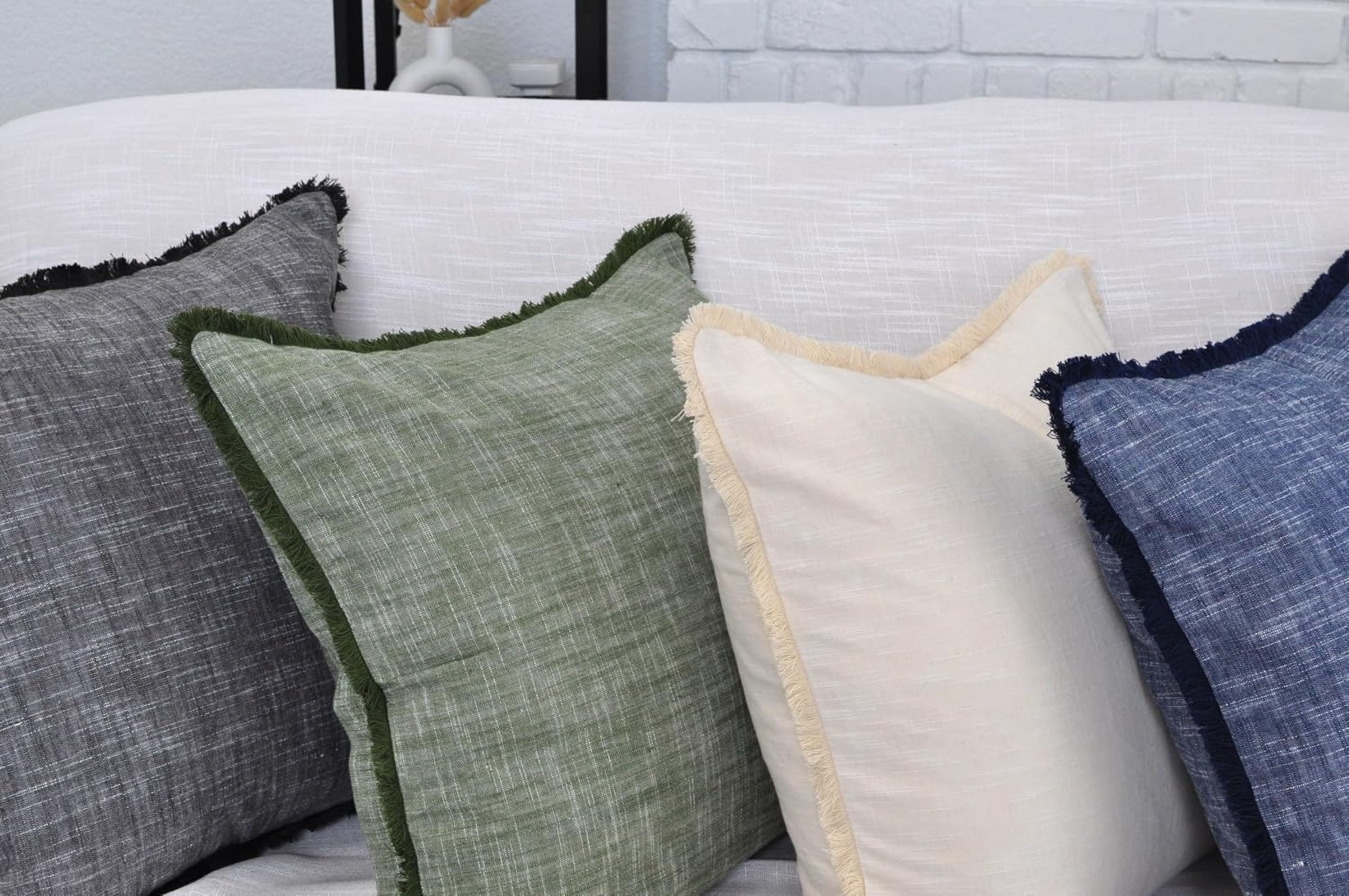 22×22 Cream White Decorative Fringe Organic Cotton Throw Pillow Covers Boho Farmhouse Cushion Cover with Tassels Linen Like Textured Accent Pillowcases for Bed Couch Chair Sofa Living Room Set of 2