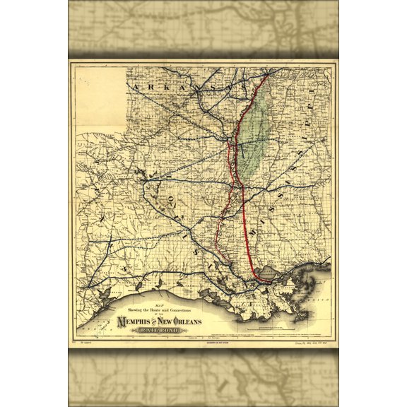 24"x36" Gallery Poster, Map of Memphis and New Orleans Railroad 1882