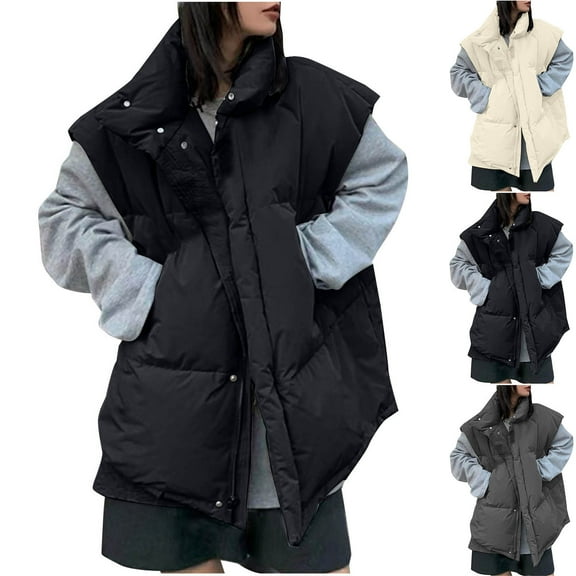 HAPIMO Womens Puffer Vest Sleeveless Zip Up Quilted Coat Stand Collar Gilet Jacket with Pockets Thicken Cotton Beige L