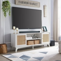 OKD Rattan TV Stand for a 75-inch TV，Wood TV Console Entertainment Center with 2-Door for Living Room, Solid White