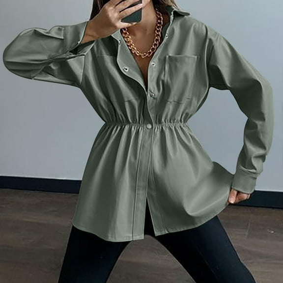 Lilgiuy Women Casual Solid Turndown Neck Long Sleeve Hoodless Button Loose Dress Autumn Blouse Tops Army Green,10(XL) Fall Fashion for 2022 Spring Winter