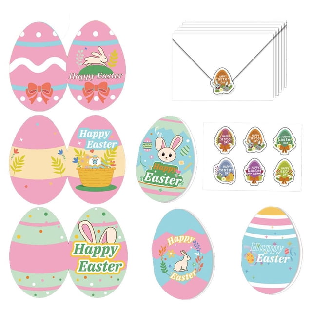 Spring Easter Candy Cards Set for Kids Bulk, Cute Egg Festival Bunny Rabbit Party Themed Greeting Cards With 6 Envelopes & 6 Stickers for Easter Basket Filler Gift & Classroom Party Favors