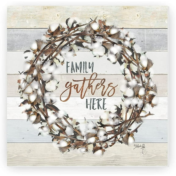 Family Gathers Here Cotton Plant Wreath Rustic Wood Farmhouse Wall Sign 12x12 (Unframed)
