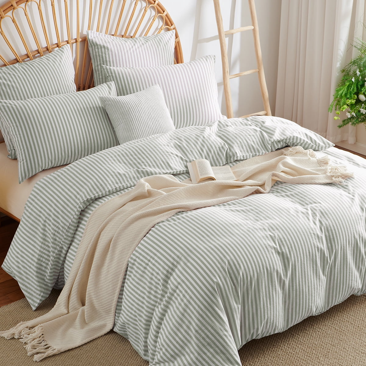 JOLUSERE 100% Organic Cotton Striped Duvet Cover King Set, 3-Piece Linen Like Textured Breathable Bedding Cover(Sage Green& White Classic Stripes)